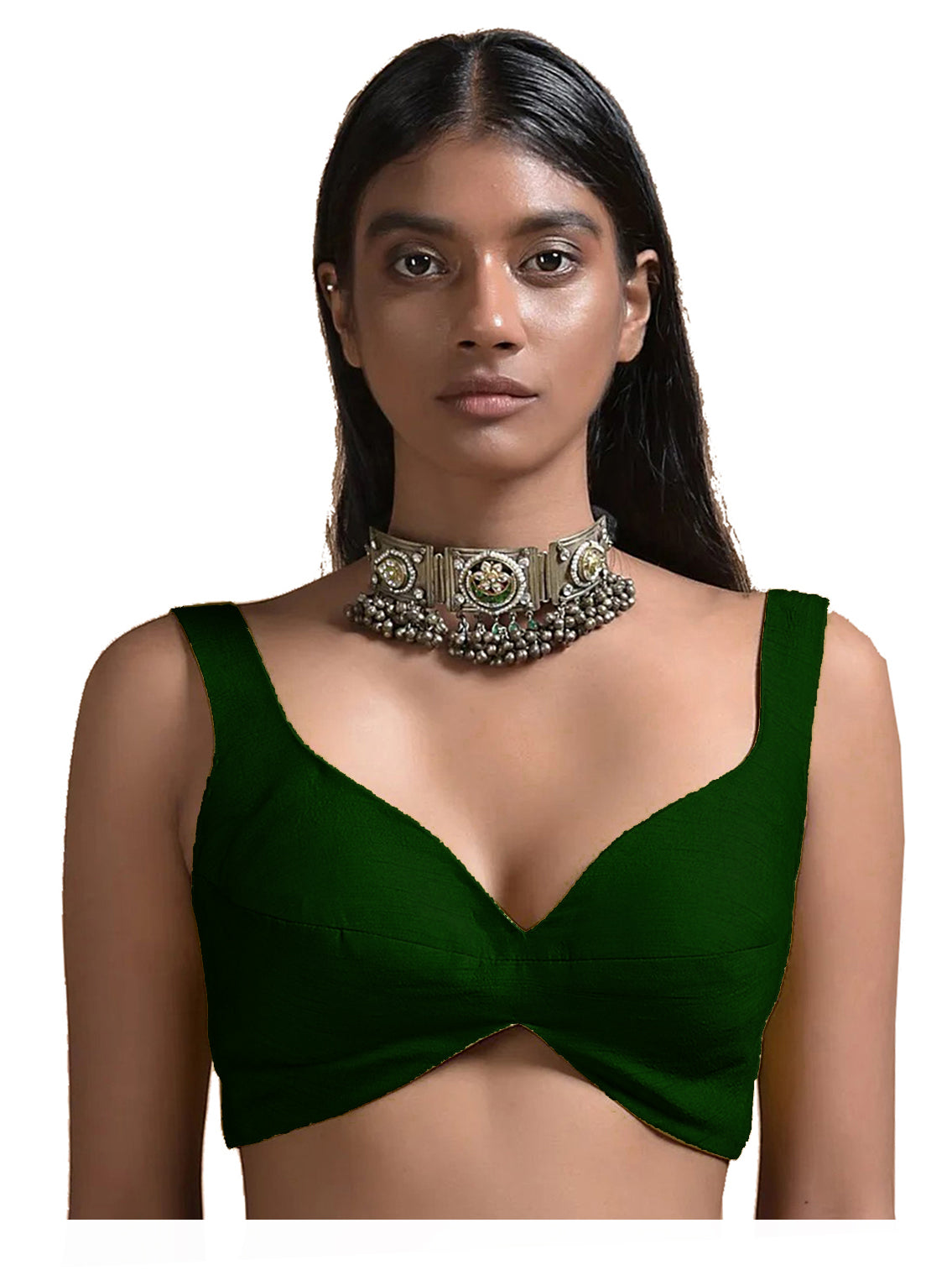 In-Sattva Women's Silk Strap V-Neck Blouse; Fern Green