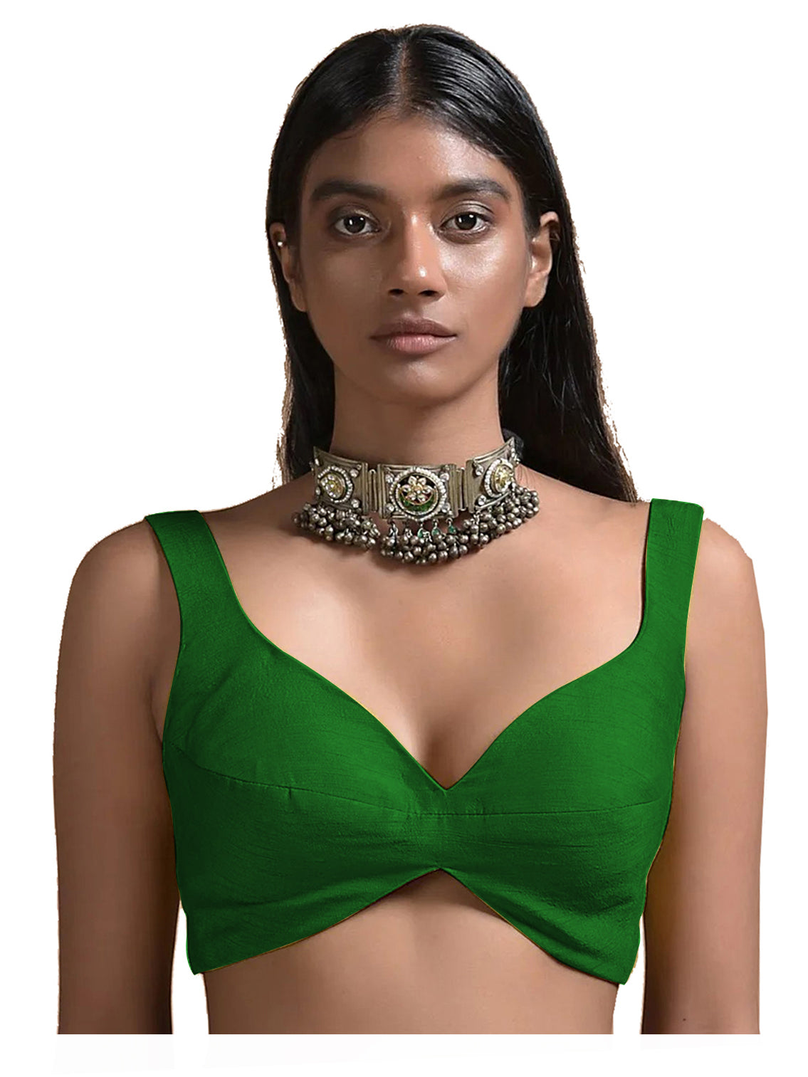 In-Sattva Women's Silk Strap V-Neck Blouse; Verdant Green