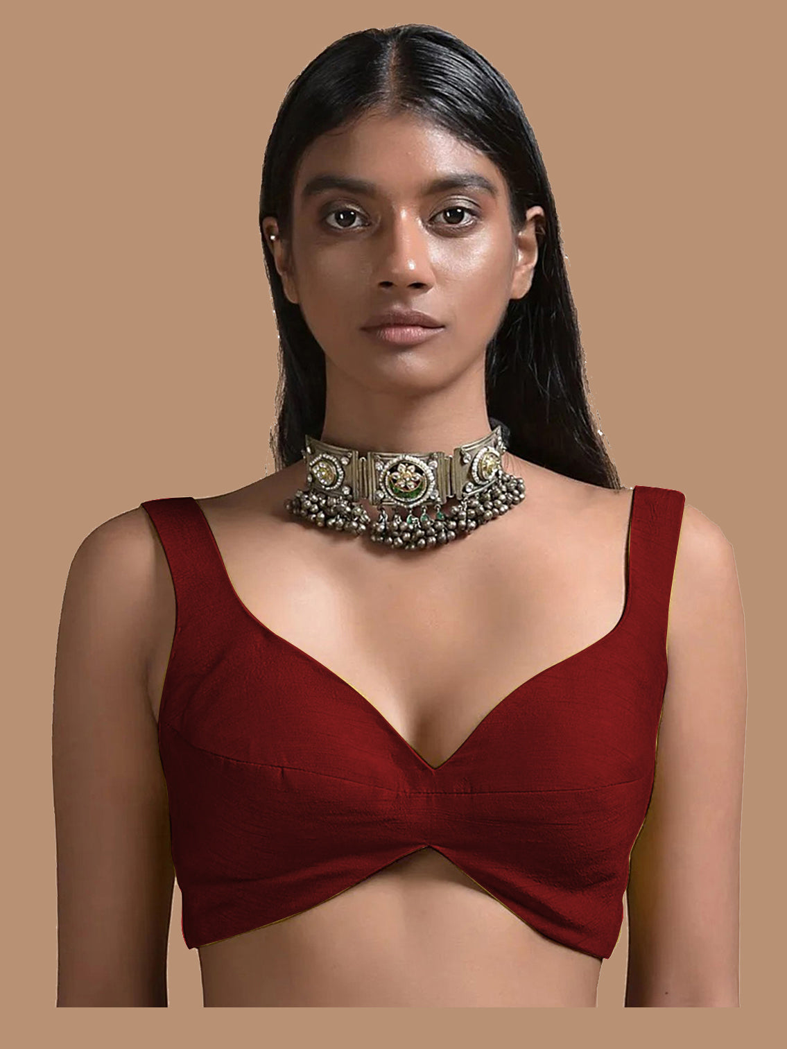 In-Sattva Women's Silk Strap V-Neck Blouse; Chestnut Red