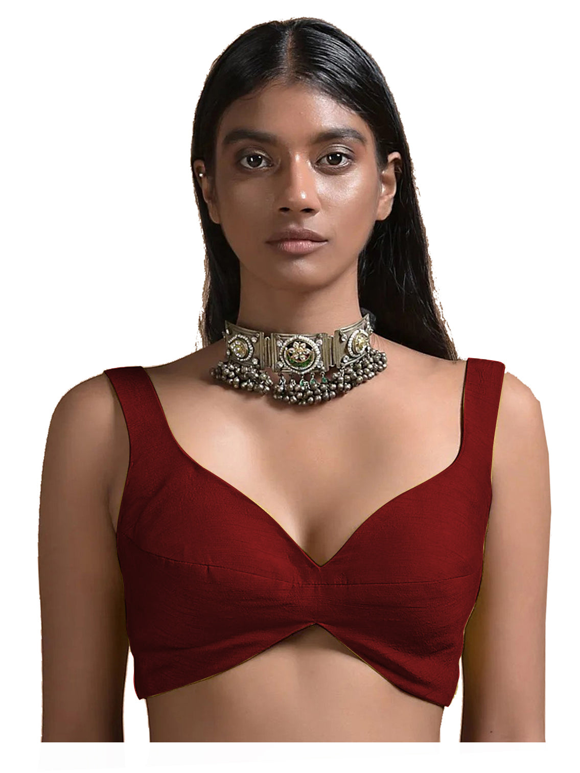 In-Sattva Women's Silk Strap V-Neck Blouse; Chestnut Red