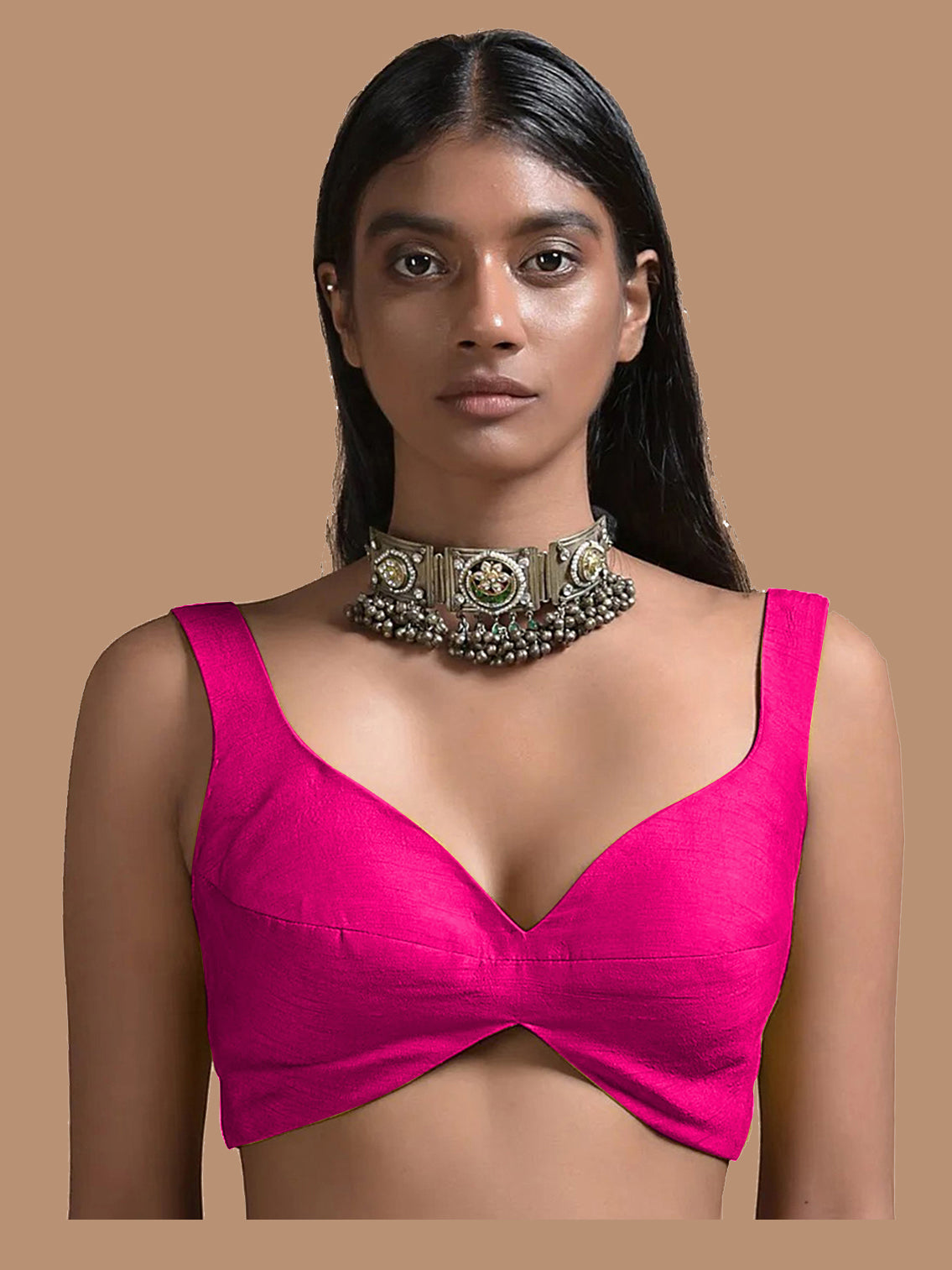 In-Sattva Women's Silk Strap V-Neck Blouse; Dahlia Pink