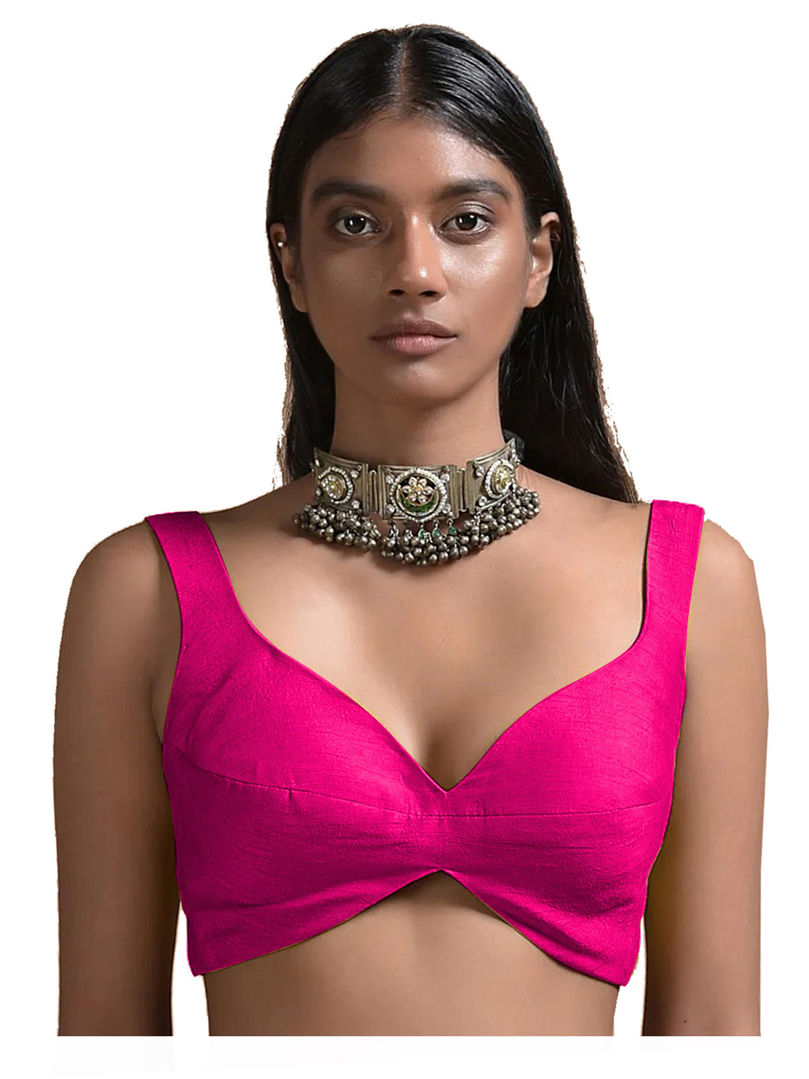 In-Sattva Women's Silk Strap V-Neck Blouse; Dahlia Pink