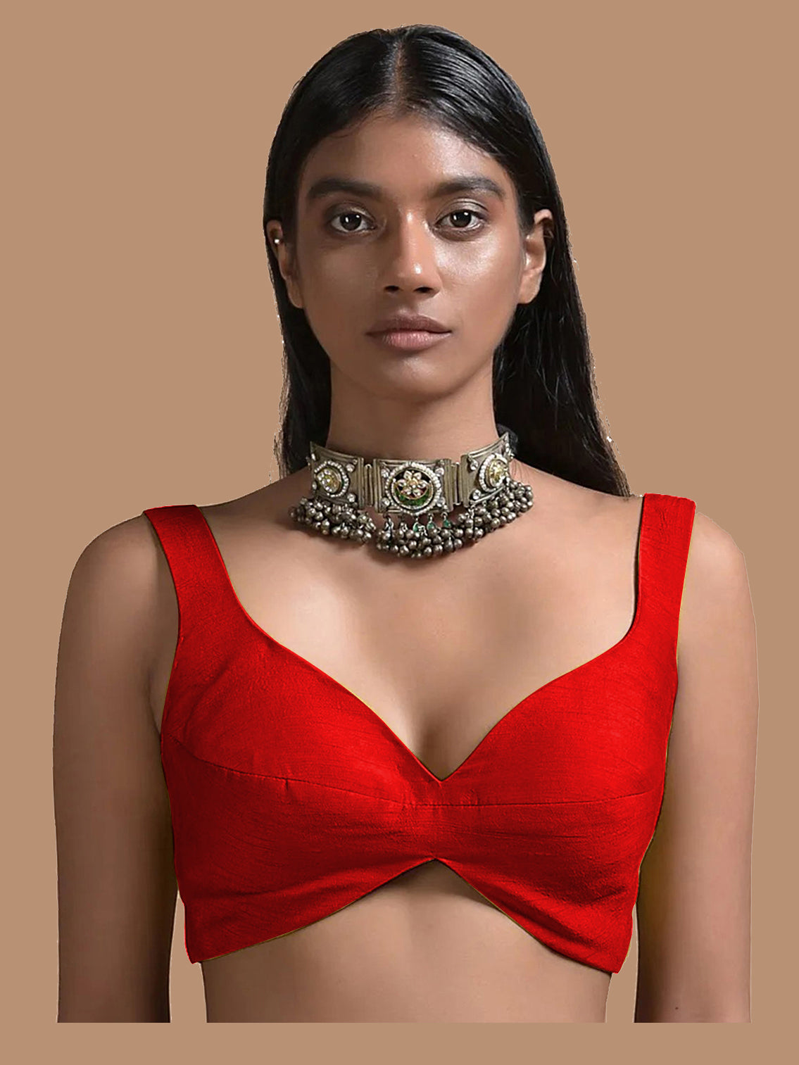 In-Sattva Women's Silk Strap V-Neck Blouse; Persian Red