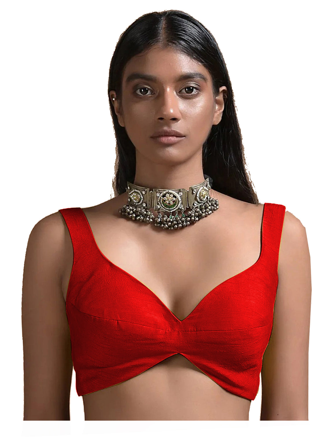 In-Sattva Women's Silk Strap V-Neck Blouse; Persian Red