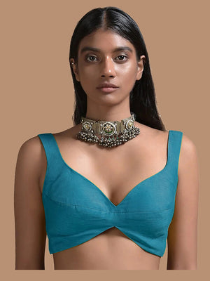 In-Sattva Women's Silk Strap V-Neck Blouse; Teal Blue