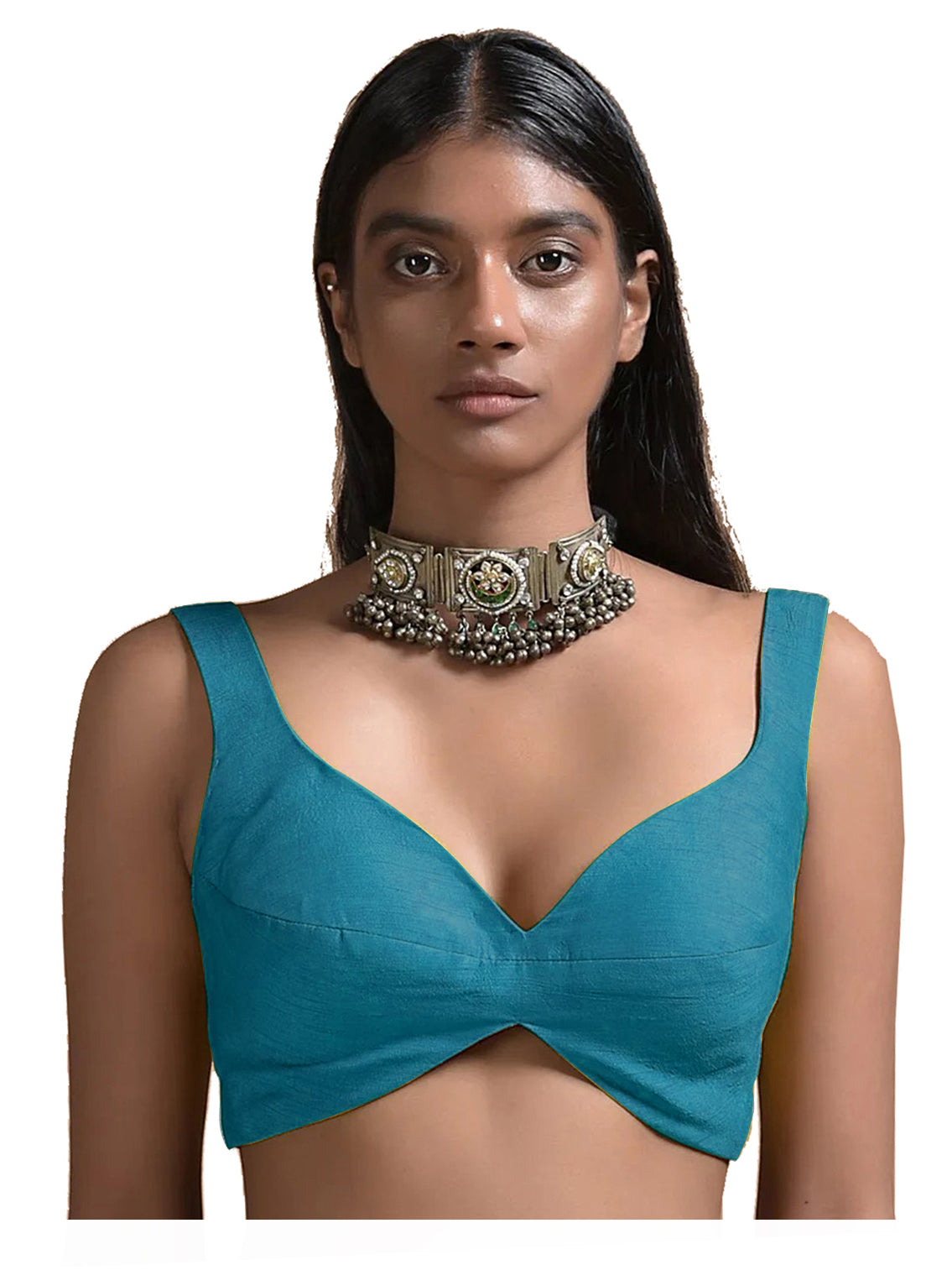 In-Sattva Women's Silk Strap V-Neck Blouse; Teal Blue