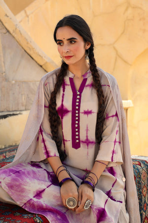 In-Sattva Mayori Pure Cotton Handcrafted Ethnic Beige and Lavender Natural Tie-Dye Kurta Tunic | Front View