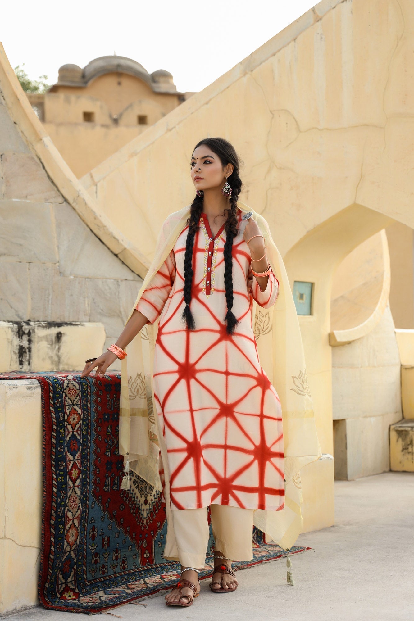 In-Sattva Mayori Pure Cotton Handcrafted Beige and Orange Natural Tie-Dye Kurta Tunic.| Full View