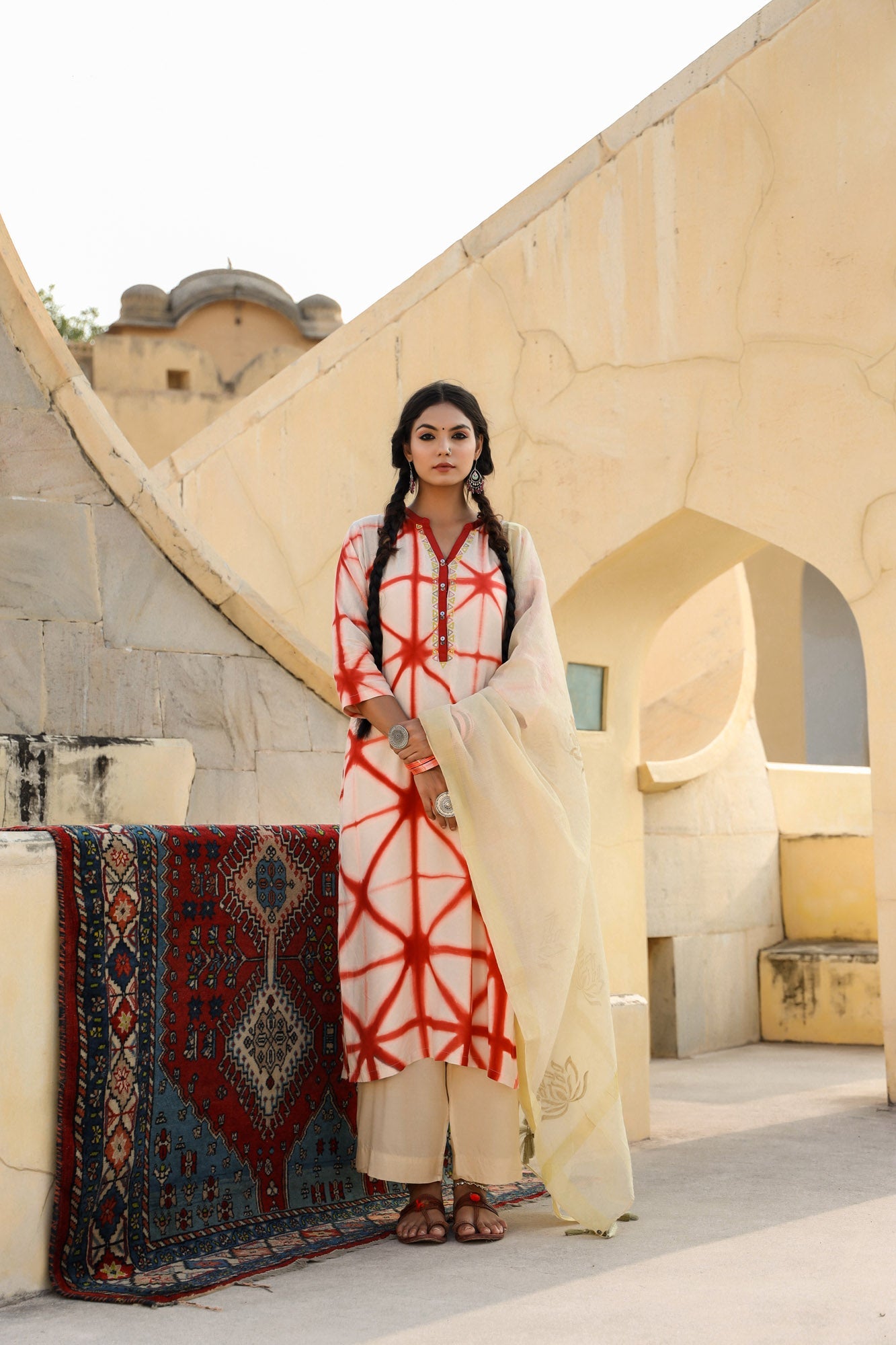 In-Sattva Mayori Pure Cotton Handcrafted Beige and Orange Natural Tie-Dye Kurta Tunic.| Pant View
