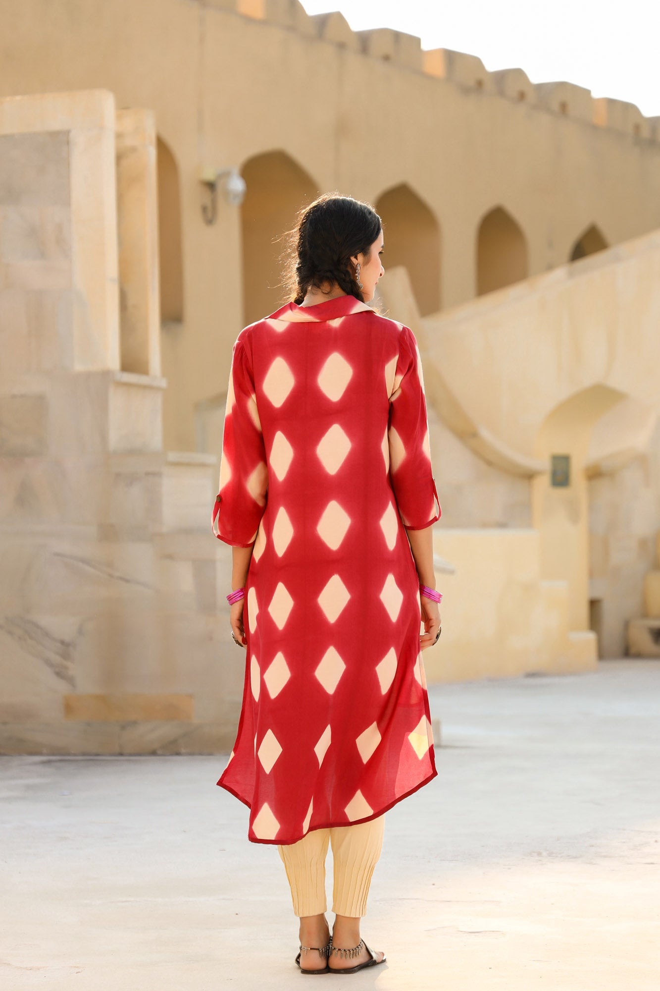 In-Sattva Mayori Pure Cotton Handcrafted Tie-Dye High Low Crimson Red Tunic| Back View