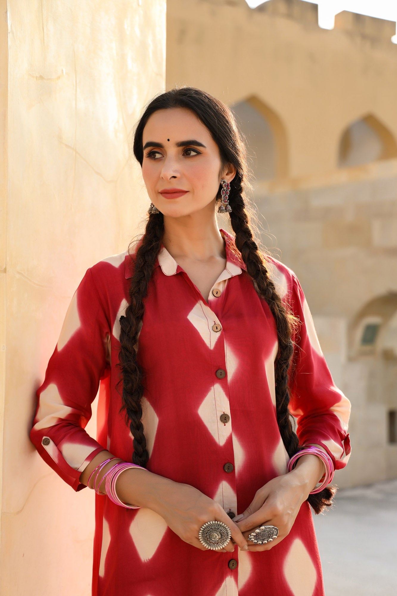 In-Sattva Mayori Pure Cotton Handcrafted Tie-Dye High Low Crimson Red Tunic| Front View