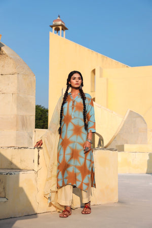 In-Sattva Mayori Pure Cotton Handcrafted Elegant Brown and Sea Green Long Kurta Tunic | Front View