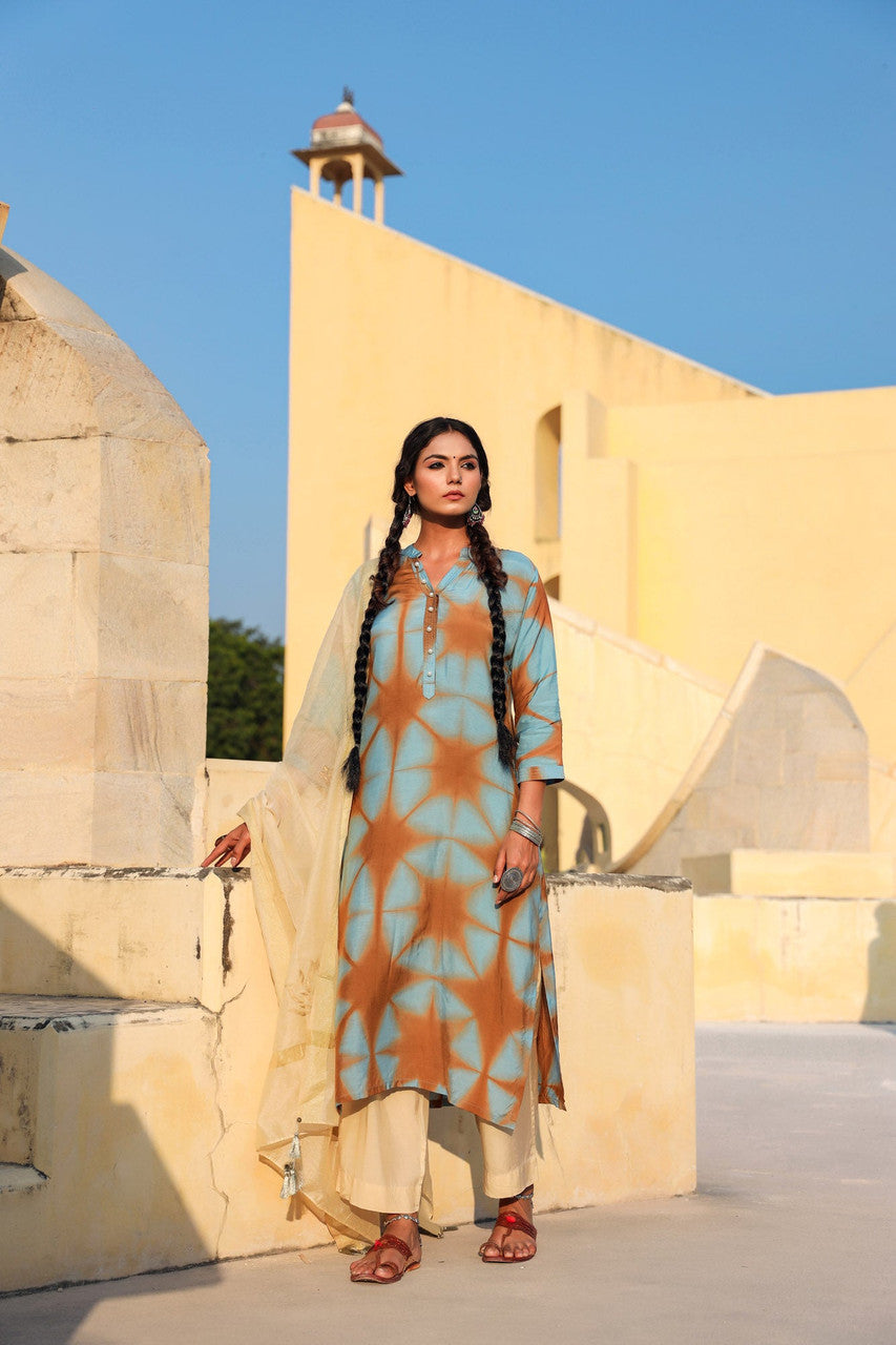 In-Sattva Mayori Pure Cotton Handcrafted Elegant Brown and Sea Green tie- dye 3- Piece Ensemble set | Front view
