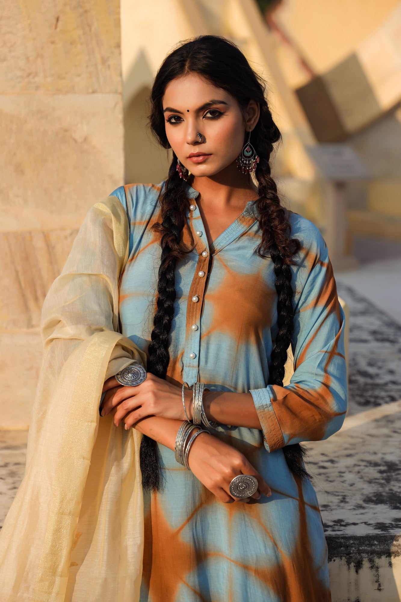 In-Sattva Mayori Pure Cotton Handcrafted Elegant Brown and Sea Green Long Kurta Tunic | Front View