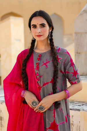 In-Sattva Mayori Pure Cotton Handcrafted Grey Tunic with Fuschia Tie-Dye | Front View 