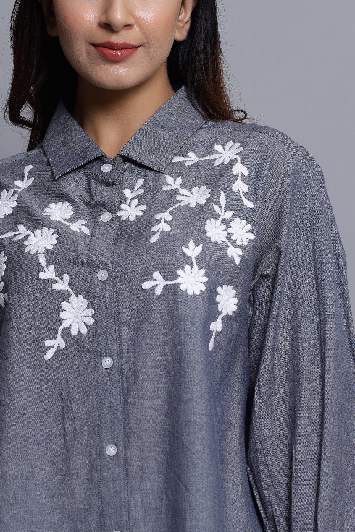 In-Sattva Mayori Pure Cotton Handcrafted Grey Embroidered Shirt | Close View