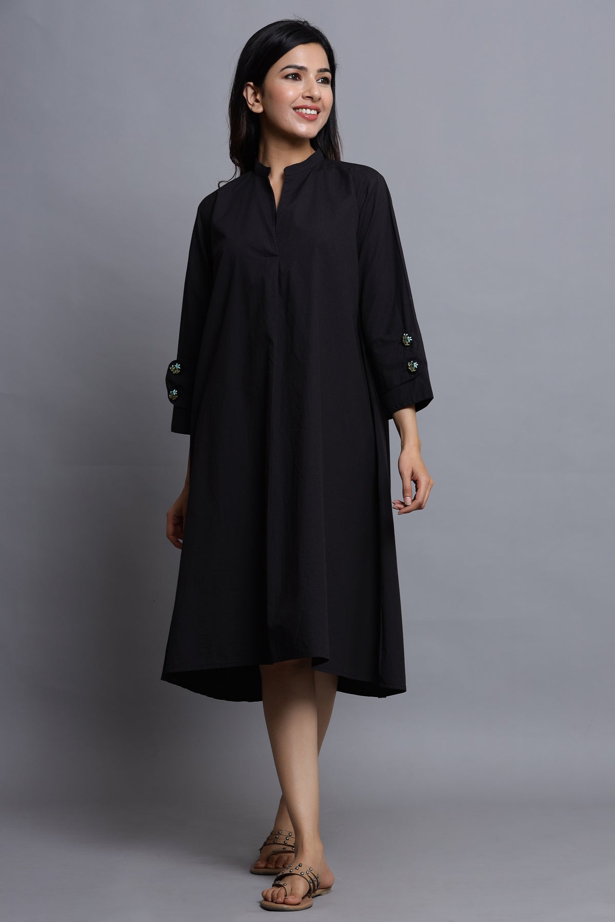 In-Sattva Mayori Pure Cotton Handcrafted Knee Length Black Dress | Front View