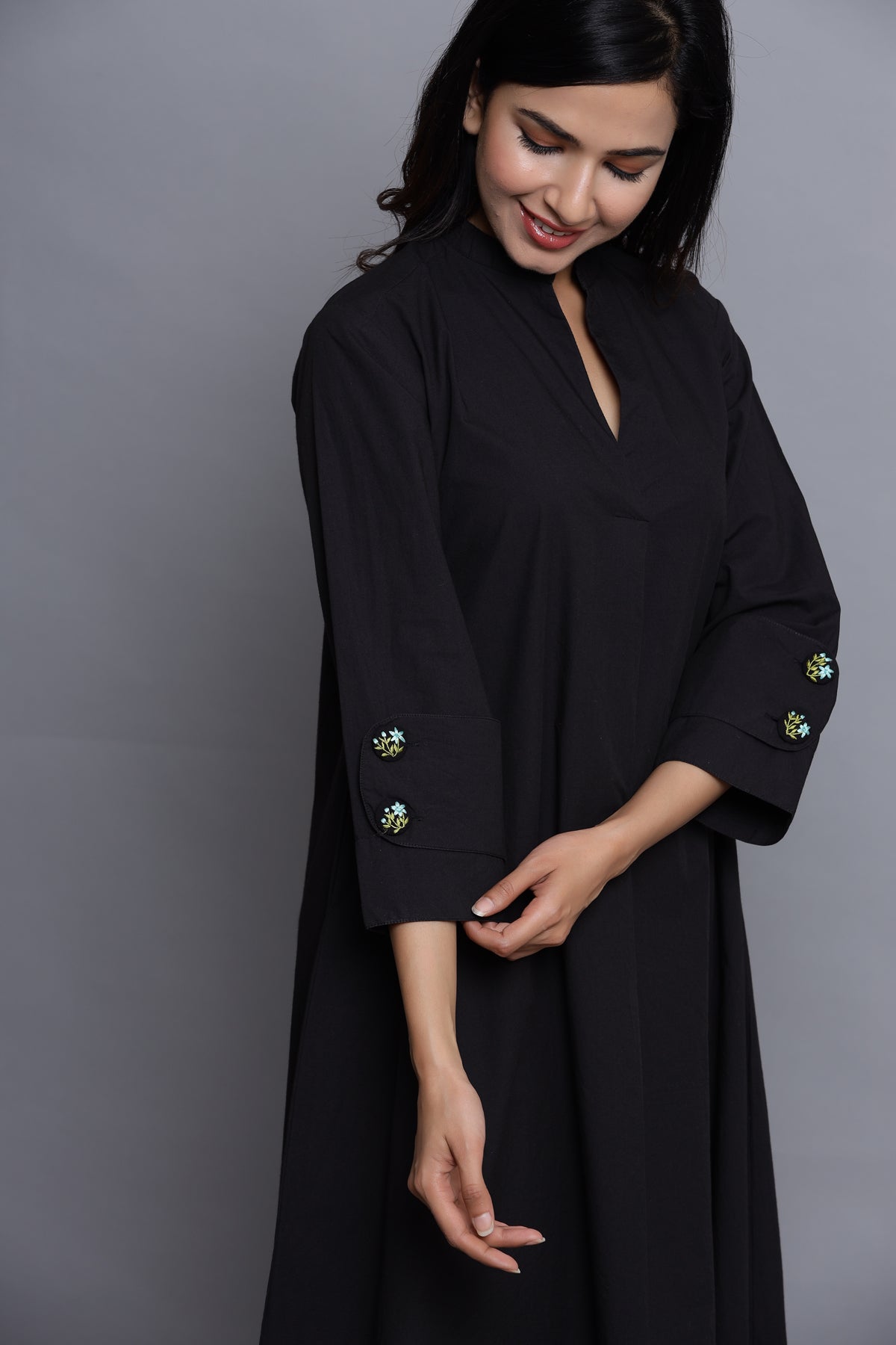 In-Sattva Mayori Pure Cotton Handcrafted Knee Length Black Dress | Details View