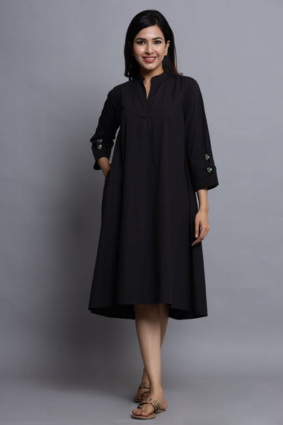 In-Sattva Mayori Pure Cotton Handcrafted Knee Length Black Dress | Full View