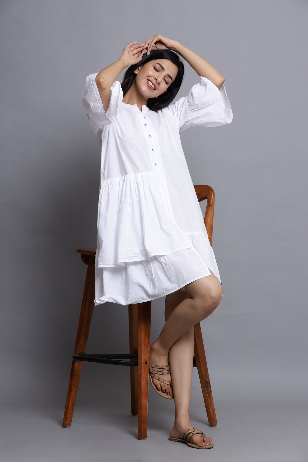 In-Sattva Mayori Pure Cotton Handcrafted Knee Length White Dress |Full View