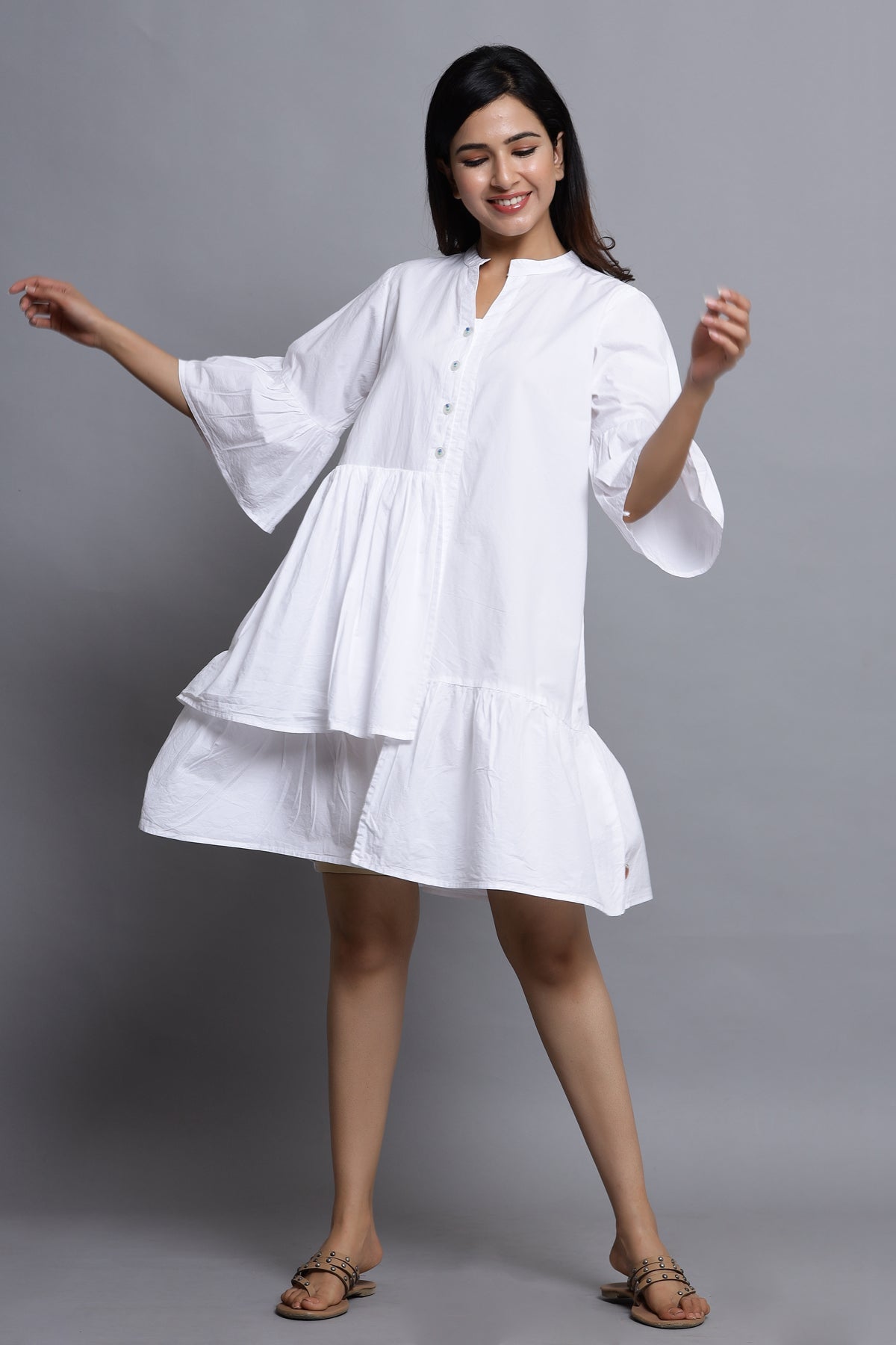 In-Sattva Mayori Pure Cotton Handcrafted Knee Length White Dress | Front View