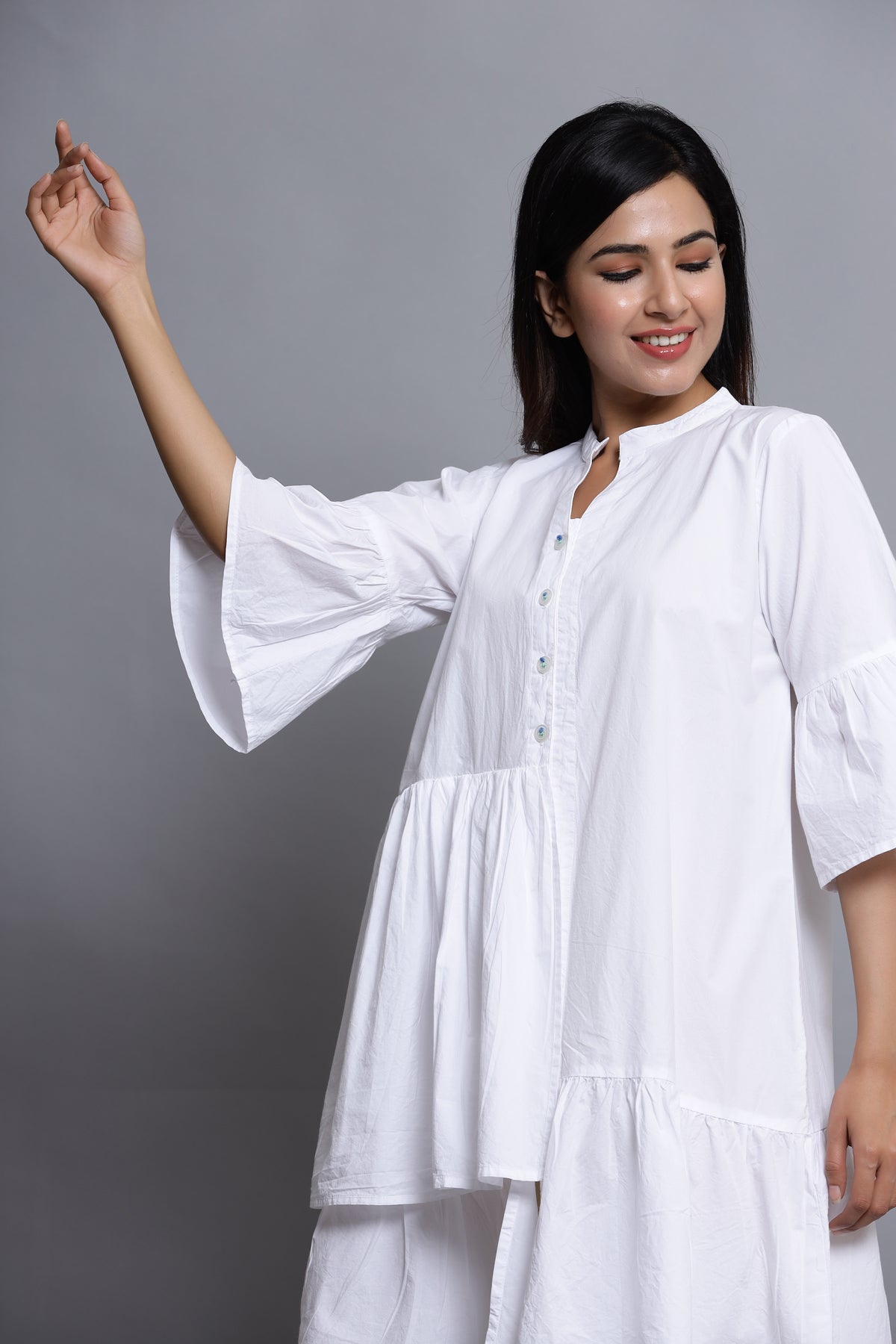In-Sattva Mayori Pure Cotton Handcrafted Knee Length White Dress | Side View