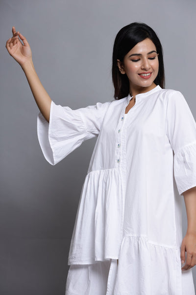 In-Sattva Mayori Pure Cotton Handcrafted Knee Length White Dress | Side View
