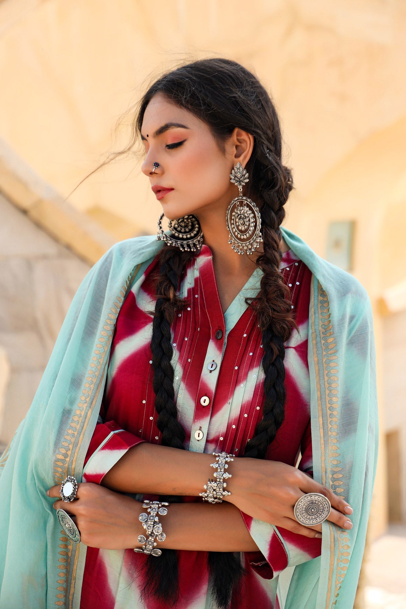 In-Sattva Mayori Pure Cotton Handcrafted Maroon with Aqua tie-dye Long Kurta Tunic| Front View