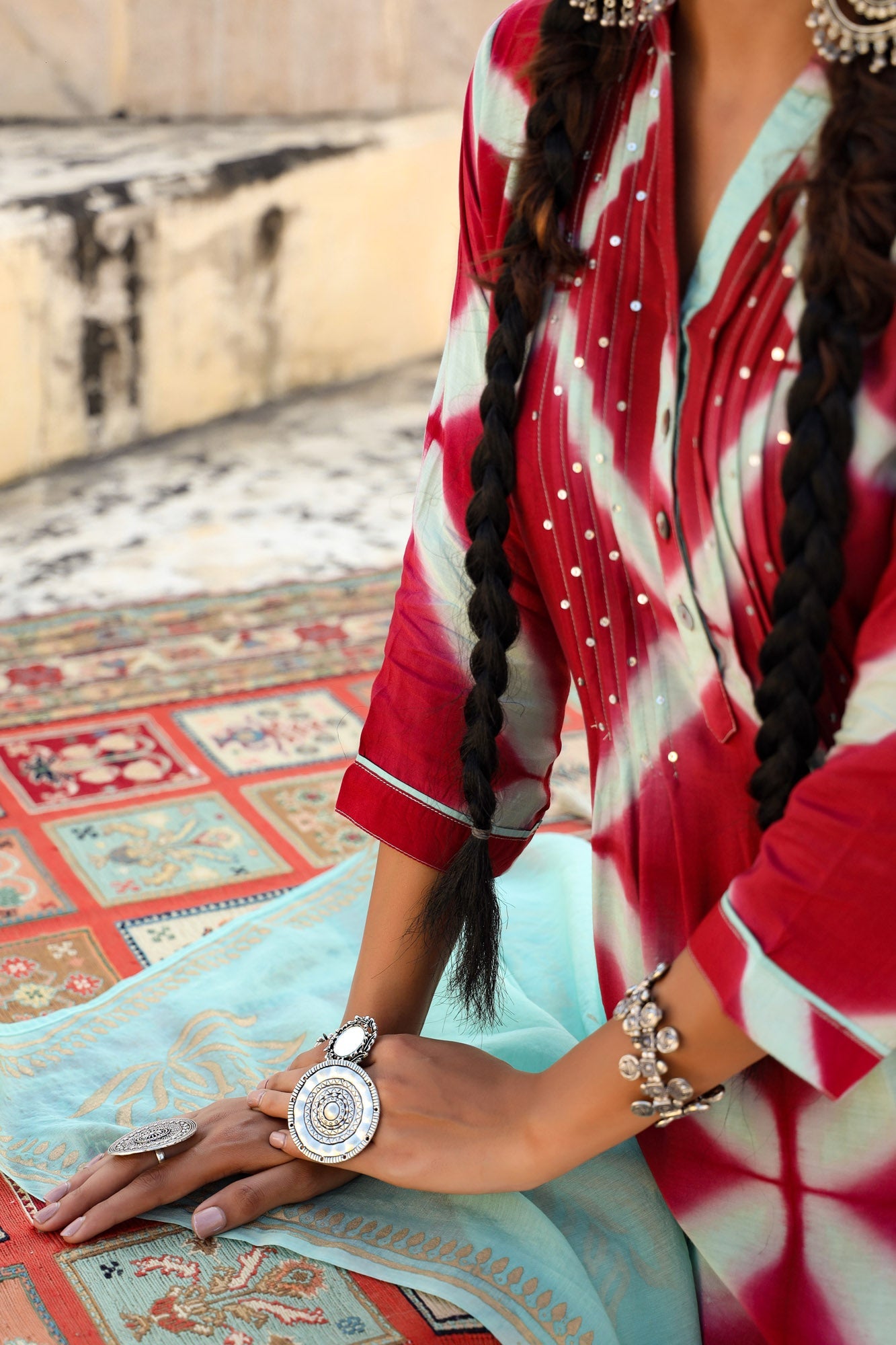 In-Sattva Mayori Pure Cotton Handcrafted Maroon with Aqua tie-dye Long Kurta Tunic| Close View