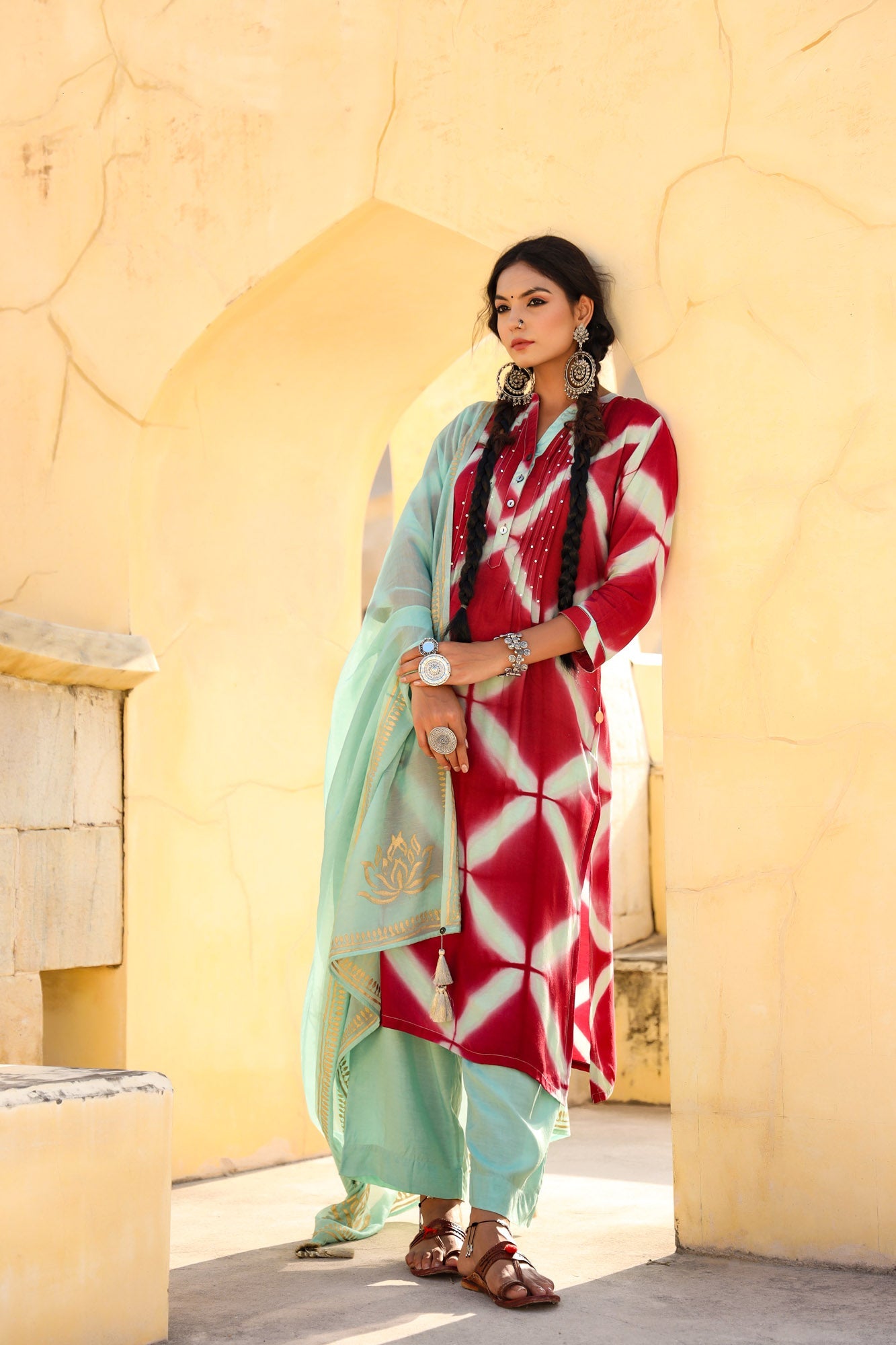 In-Sattva Mayori Pure Cotton Handcrafted Maroon with Aqua tie-dye Long Kurta Tunic| Full View