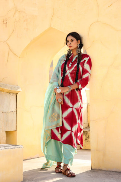 In-Sattva Mayori Pure Cotton Handcrafted Maroon with Aqua tie-dye Long Kurta Tunic| Full View