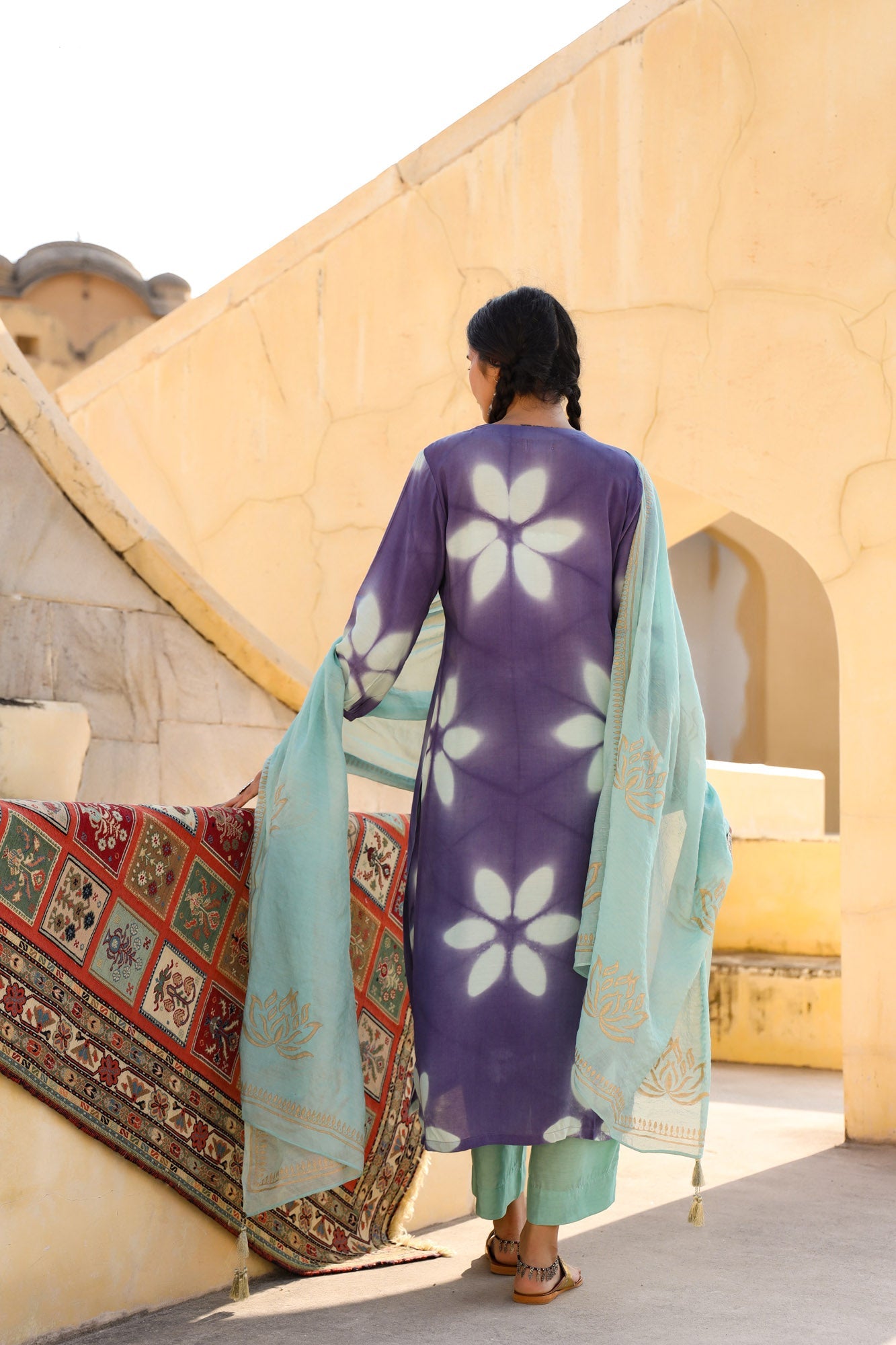 In-Sattva Mayori Pure Cotton Handcrafted Lavender Aqua Natural Tie-Dye Kurta Tunic| Back View