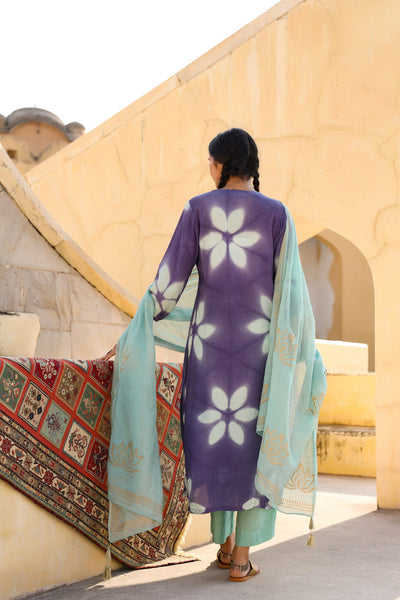 In-Sattva Mayori Pure Cotton Handcrafted Lavender Aqua Natural Tie-Dye Kurta Tunic| Back View