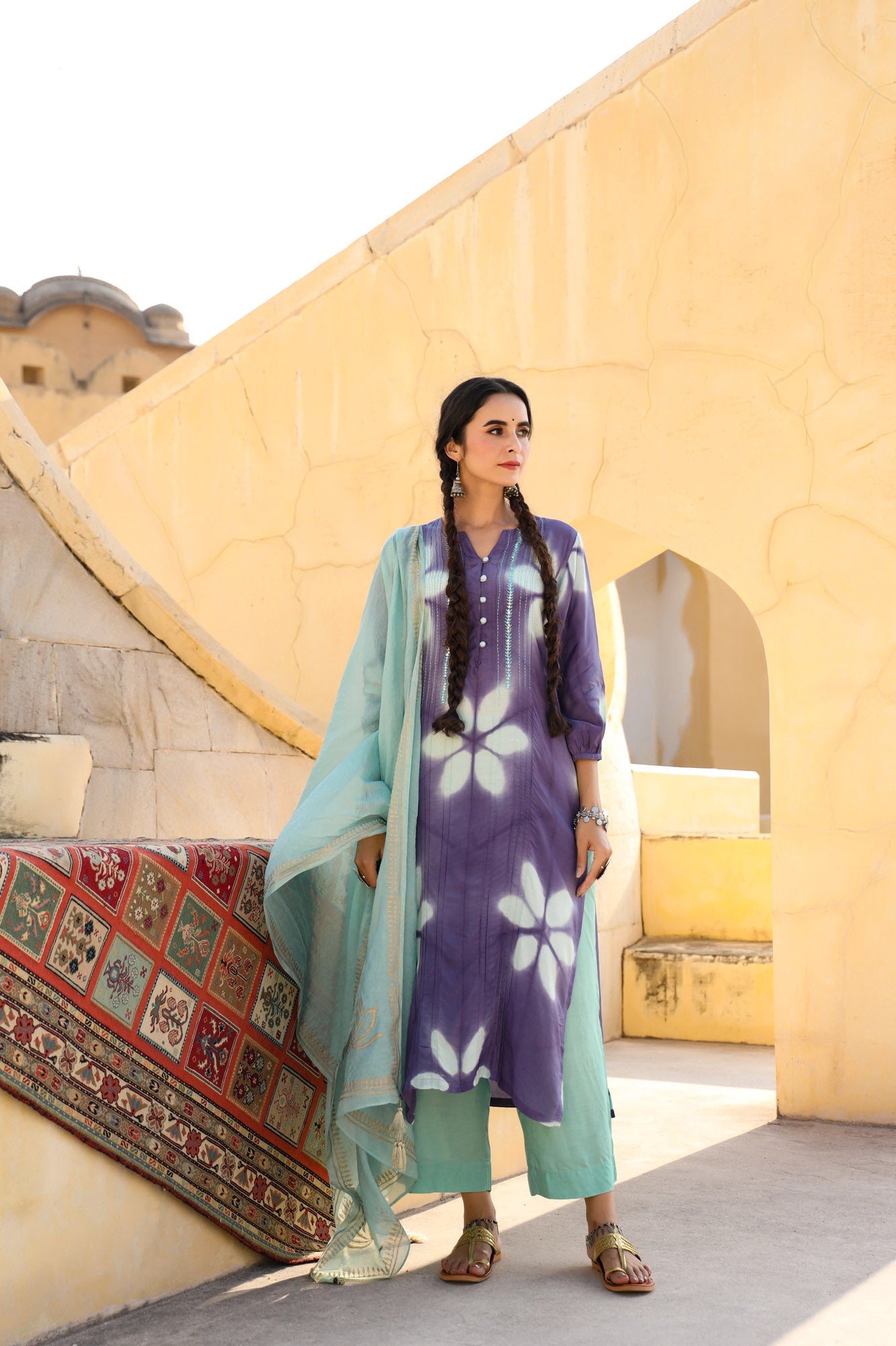 In-Sattva Mayori Pure Cotton Handcrafted Lavender Aqua Natural Tie-Dye Kurta Tunic| Full View