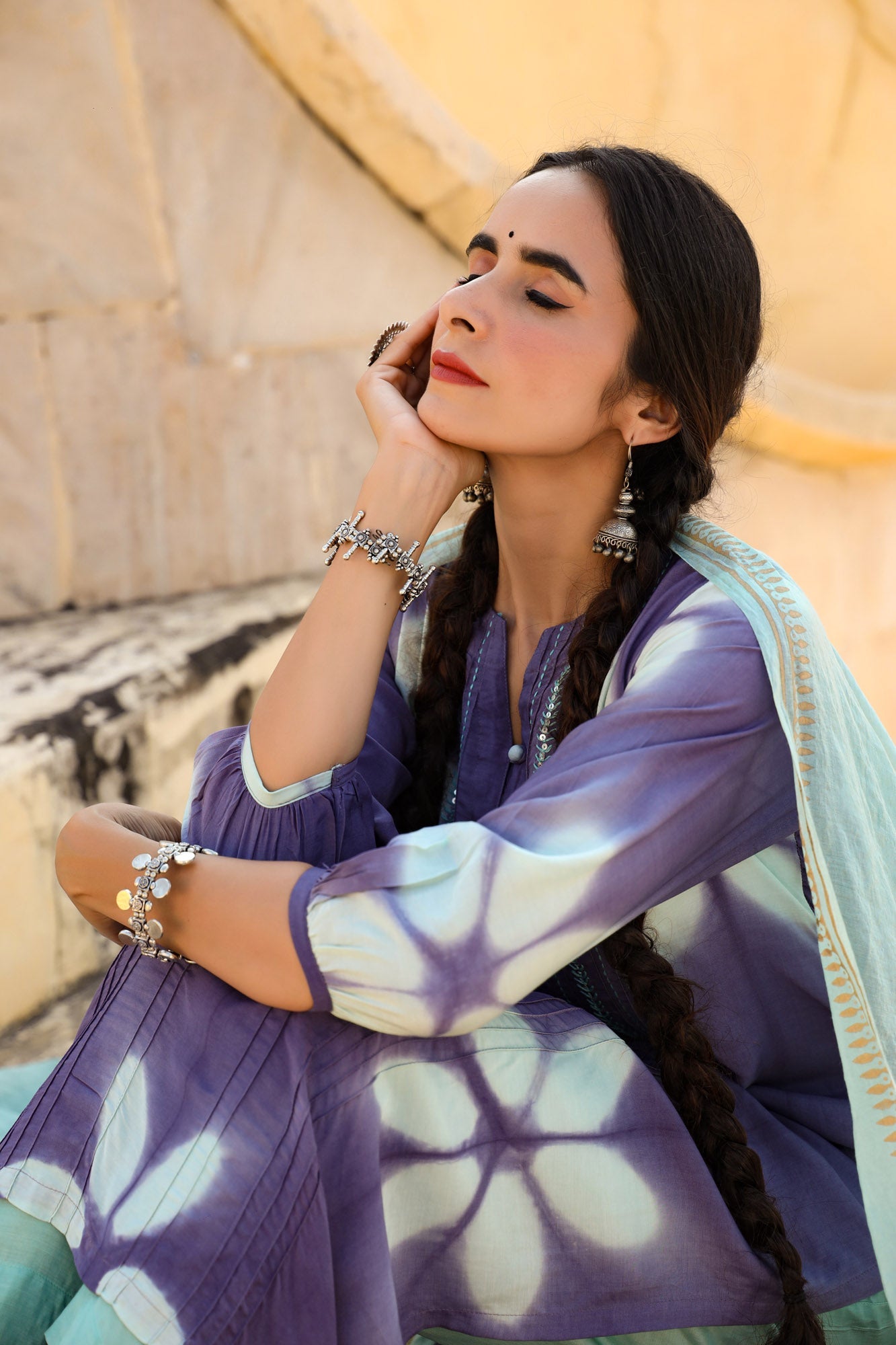 In-Sattva Mayori Pure Cotton Handcrafted Lavender Aqua Natural Tie-Dye Kurta Tunic| Close View