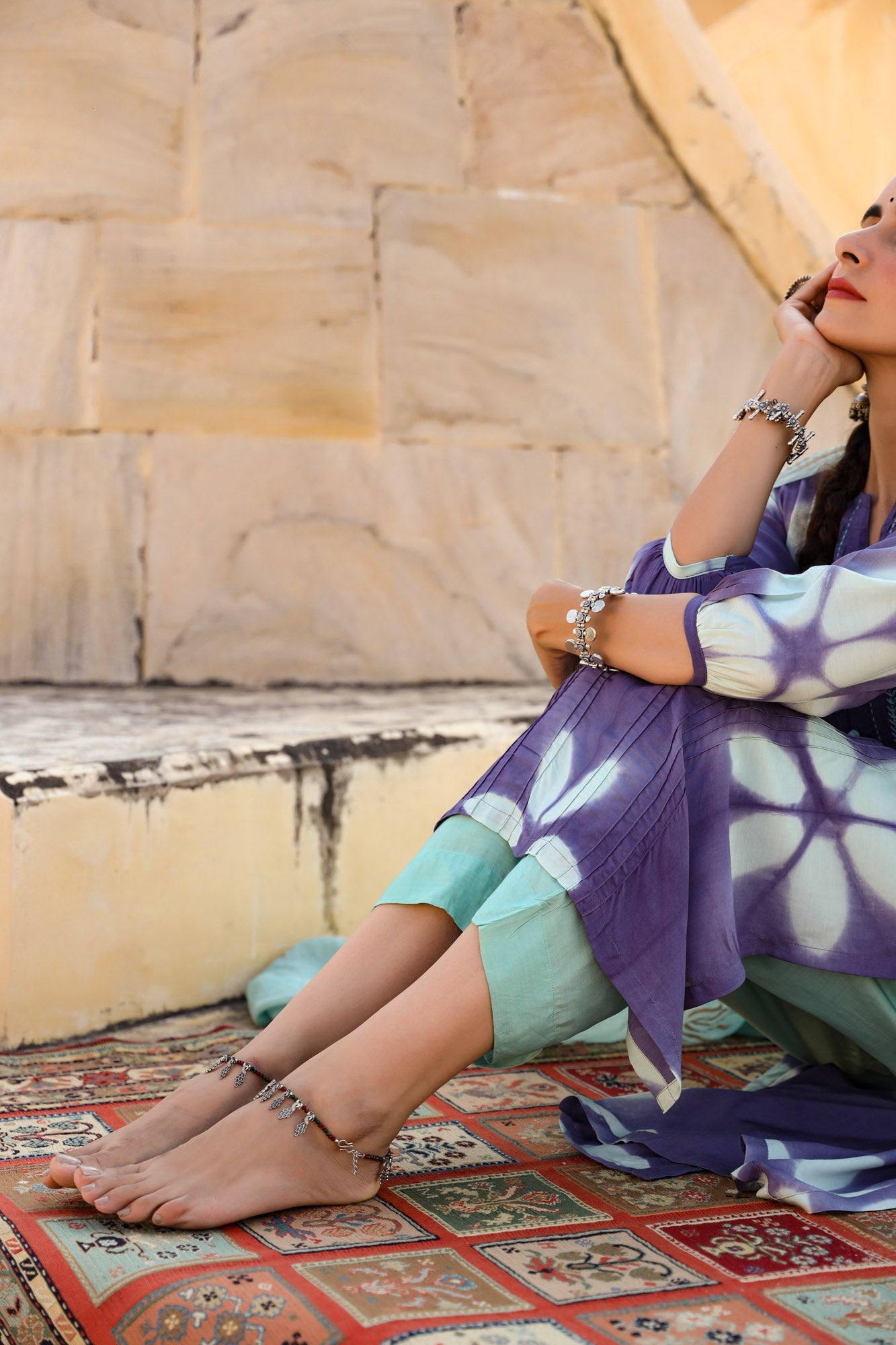 Mayori Women’s Pure Cotton Handcrafted Ethnic Lavender Aqua Natural Tie-Dye 3-piece Ensemble Set