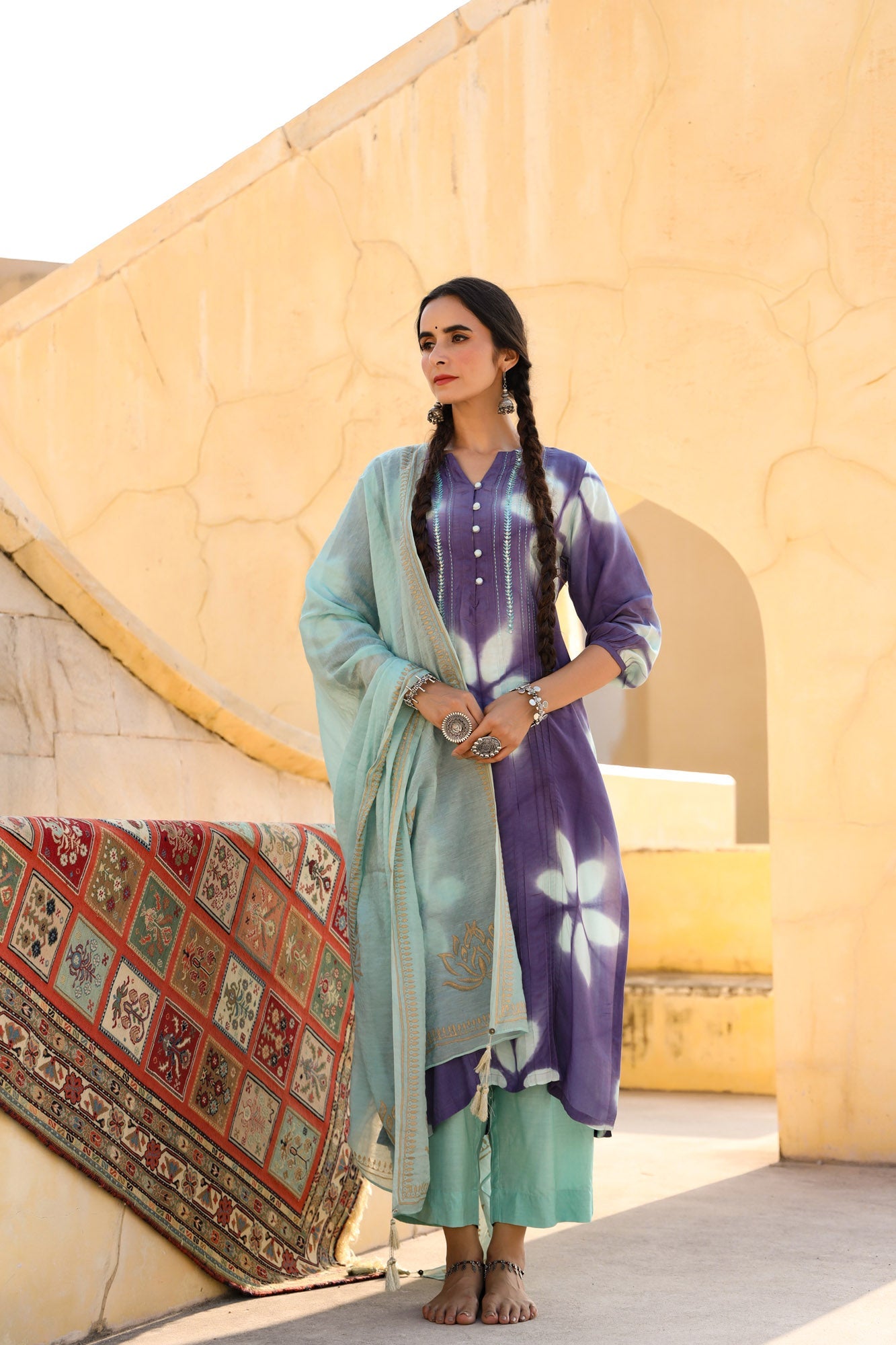 In-Sattva Mayori Pure Cotton Handcrafted Lavender Aqua Natural Tie-Dye Kurta Tunic| Pant View