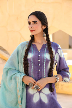 In-Sattva Mayori Pure Cotton Handcrafted Lavender Aqua Natural Tie-Dye Kurta Tunic| Front View