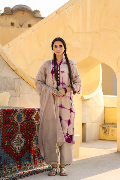 In-Sattva Mayori Pure Cotton Handcrafted Ethnic Beige and Lavender Natural Tie-Dye Kurta Tunic | Full View