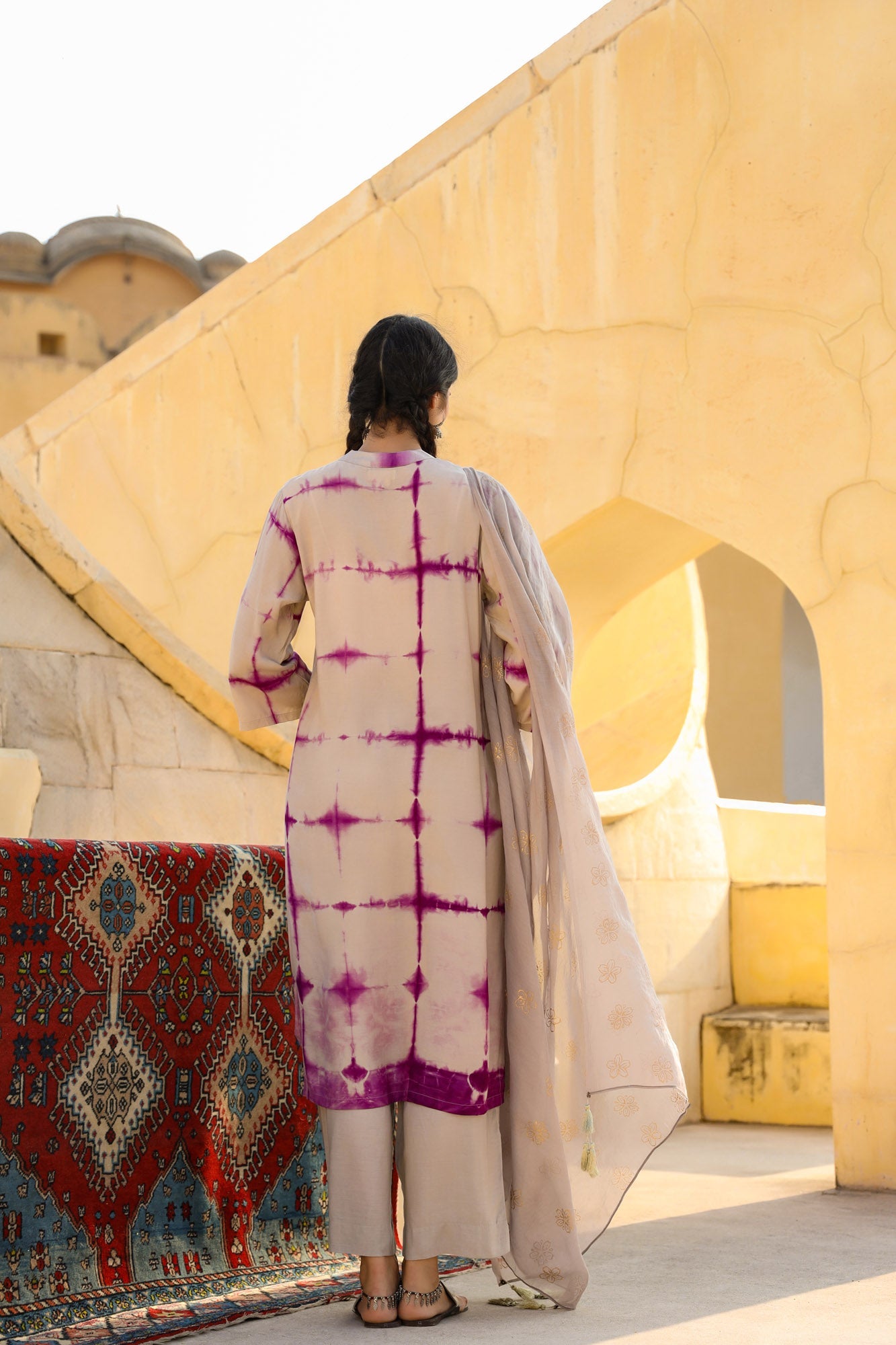 In-Sattva Mayori Pure Cotton Handcrafted Ethnic Beige and Lavender Natural Tie-Dye Kurta Tunic | Back View
