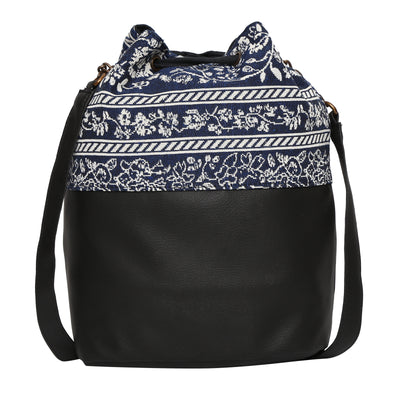 Women's Crossbody Floral Navy Blue Striped Black Bucket Bag