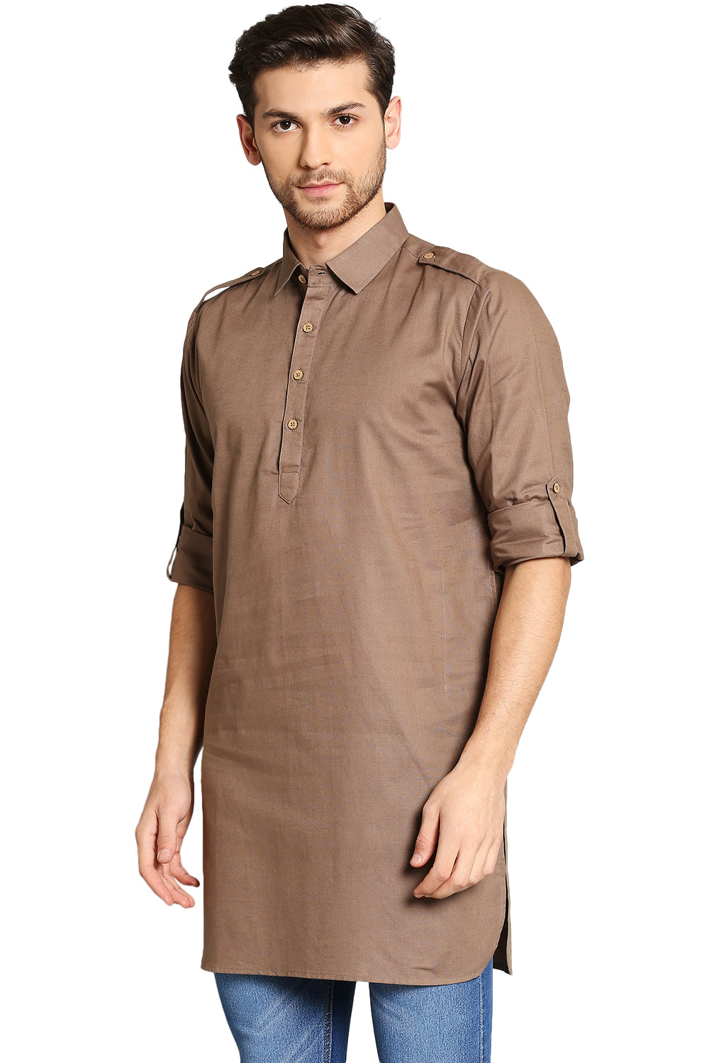 In-Sattva Men's Pullover Pathani Rollup Sleeve Kurta Tunic with Shoulder Strap Camel Brown