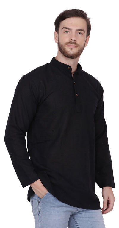 Men's  Indian Traditional Khadi cotton Kurta Tunic: Black | Side view | In-Sattva