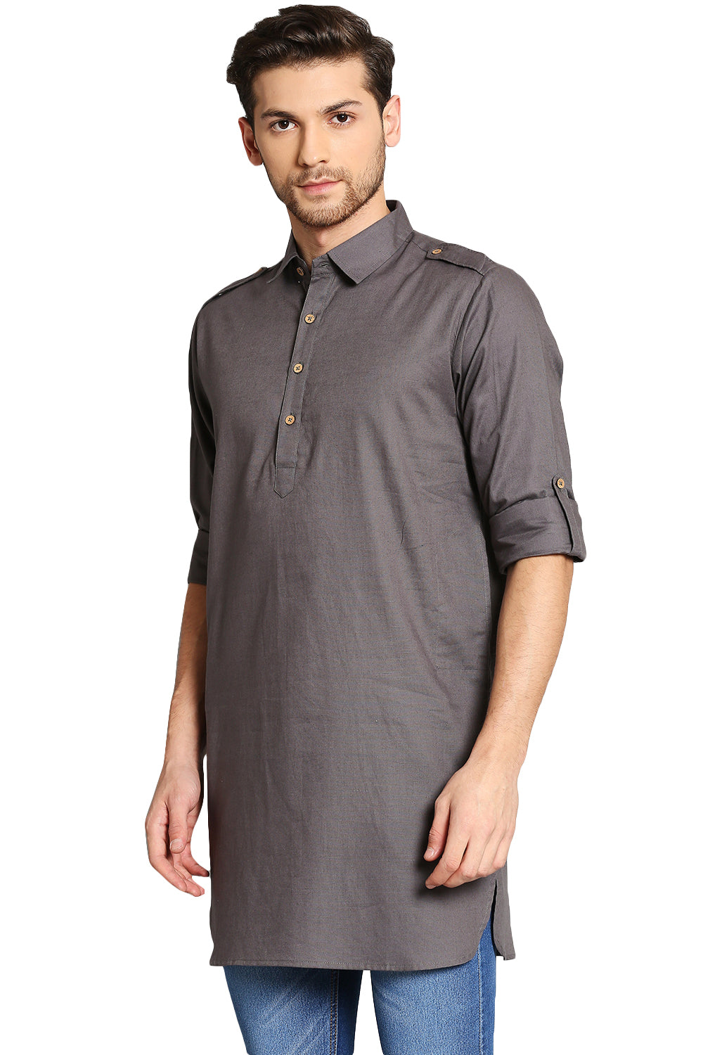 In-Sattva Men's Pullover Pathani Rollup Sleeve Kurta Tunic with Shoulder Strap Grey