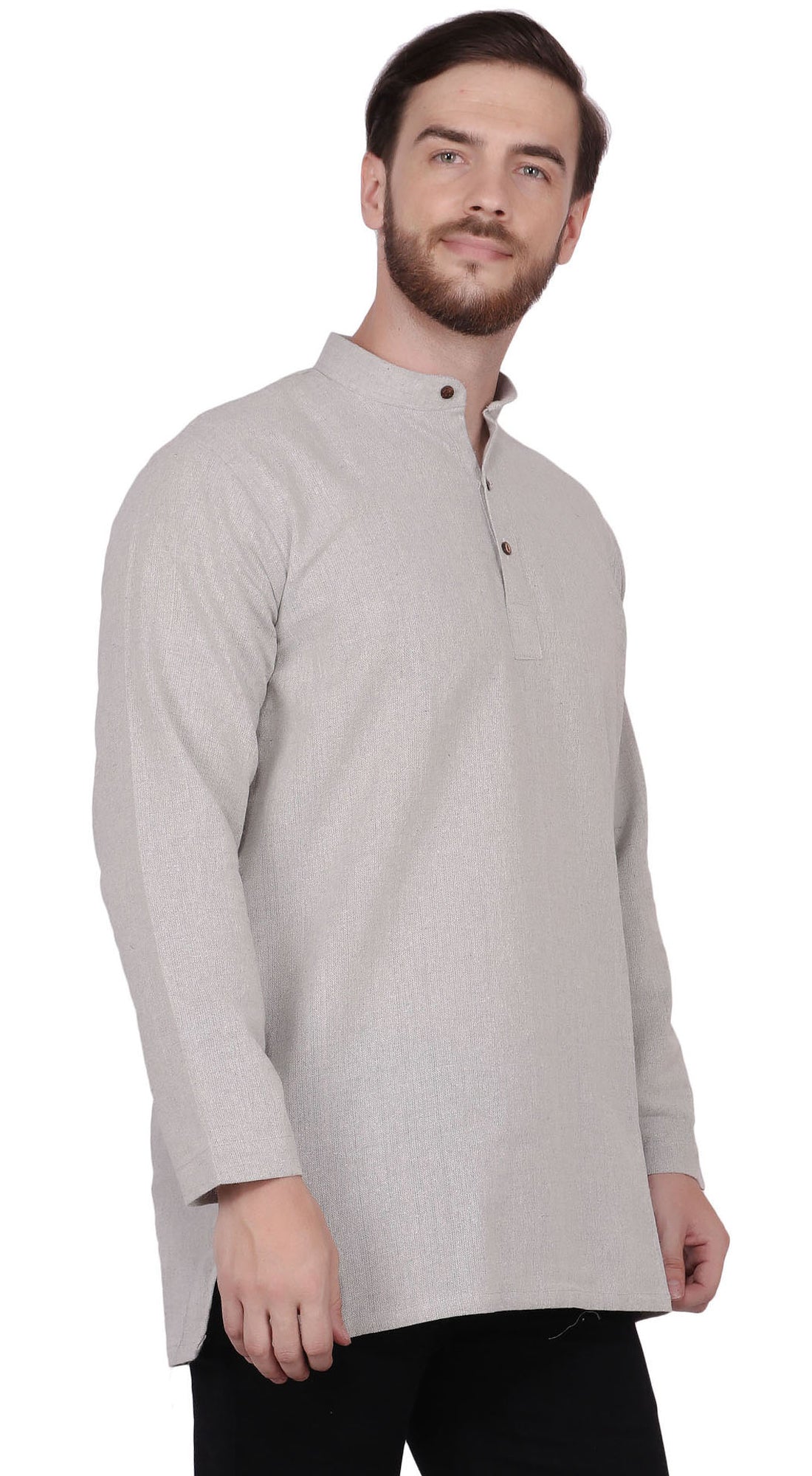Men's  Indian Traditional Khadi cotton Kurta Tunic: Gray | Side view | In-Sattva