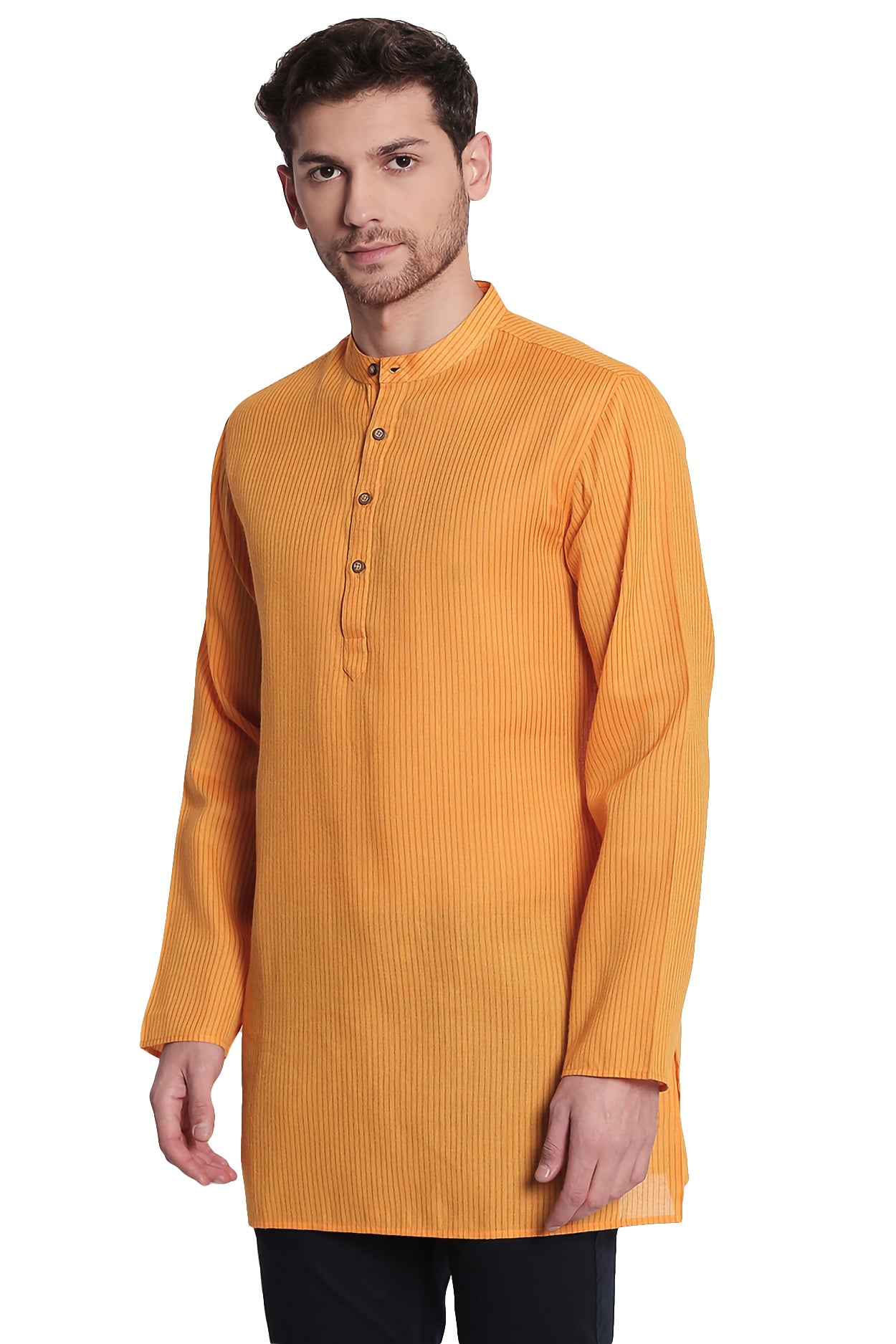 Shatranj Men's Indian Banded Collar Fine Stripe Kurta Tunic