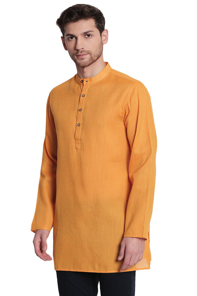 Shatranj Men's Indian Banded Collar Fine Stripe Kurta Tunic
