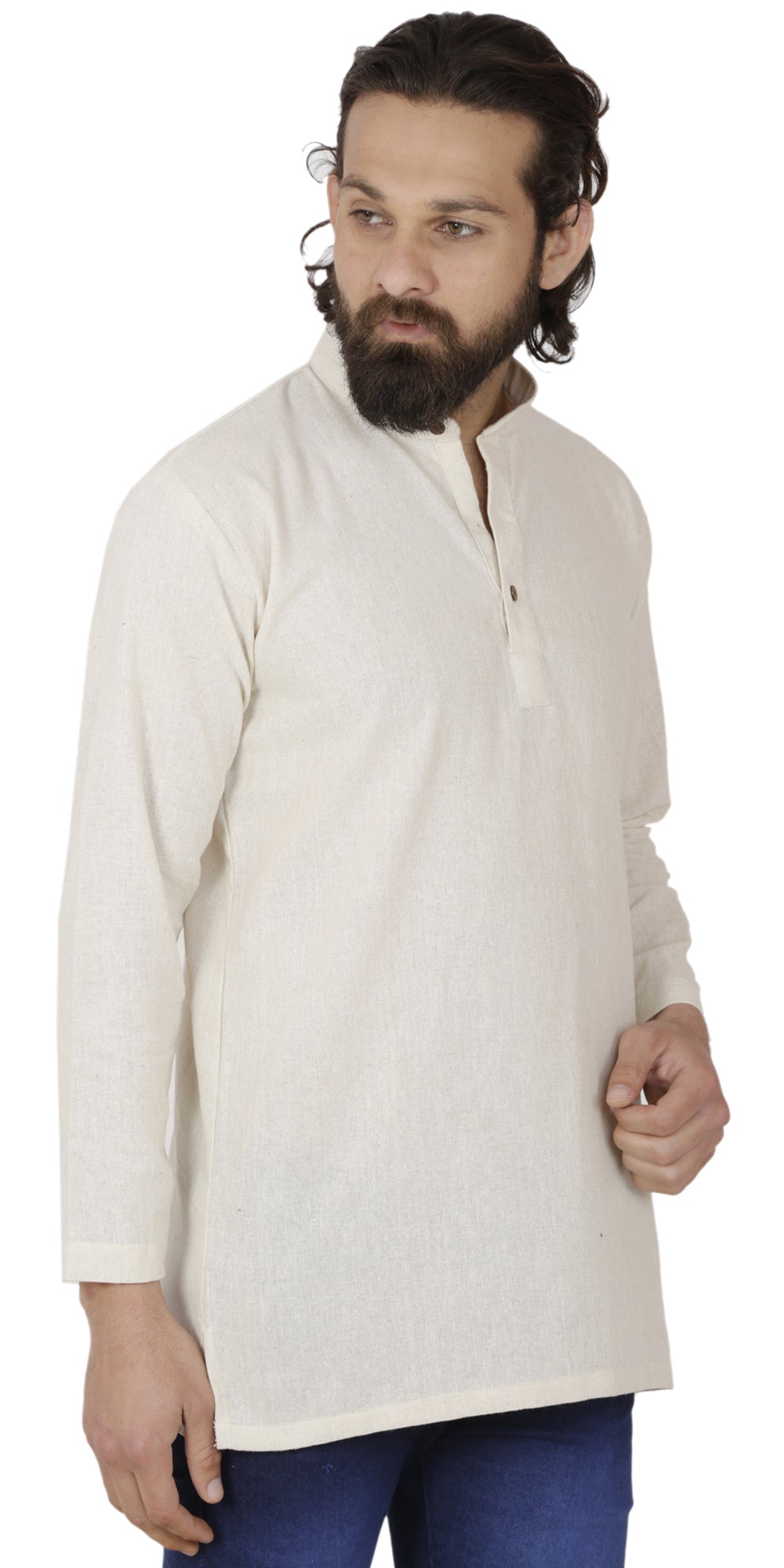Men's  Indian Traditional Khadi cotton Kurta Tunic: Off-White | Side view | In-Sattva