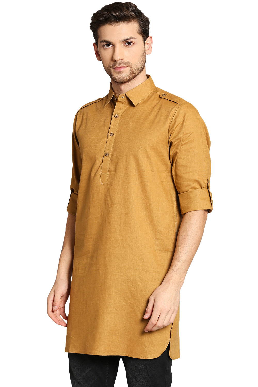 In-Sattva Men's Pullover Pathani Rollup Sleeve Kurta Tunic with Shoulder Strap Mustard