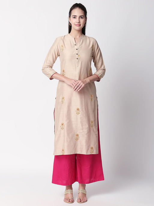 Ethnicity Handmade Beige Long Kurta Tunic with Embroidery and Button Placket